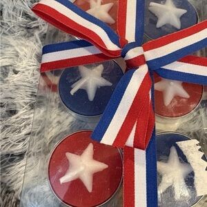 6 Patriotic Star Tealight Candle Set with Ribbon unscented.